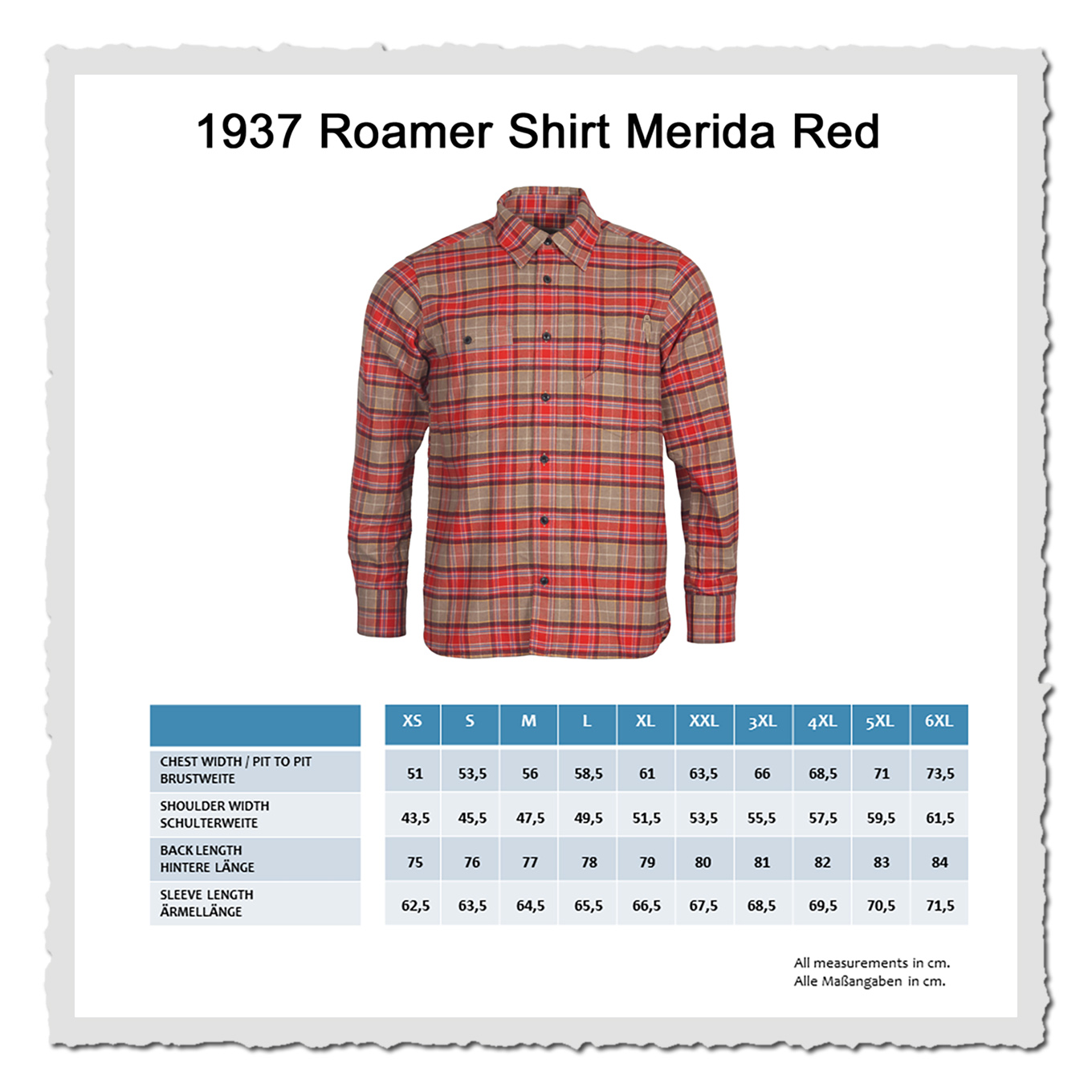 Größentabelle für das 1937 Roamer Shirt mit Brustweite, Schulterweite, Rückenlänge und Ärmellänge in Zentimetern.